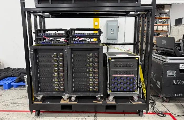 Legacy Production Group mobile power distribution rack showing black rack-mounted distro panels with rows of 120 V outputs labeled by circuit and blue IEC stage-power connectors, topped by audio interface units, all mounted on a steel frame with swivel casters in an AV warehouse setting